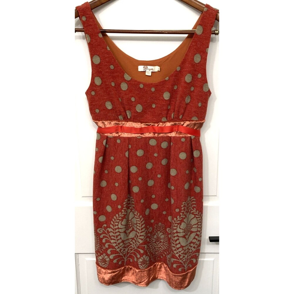 Vtg Polka Dot Floral Orange Beige Sleeveless Dress L Velvet Forest Fairy Twee